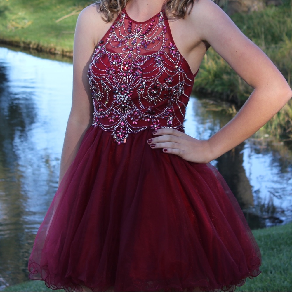 Prom Girl “Dancing Queen” Wine Colored Mini Dress with cross back